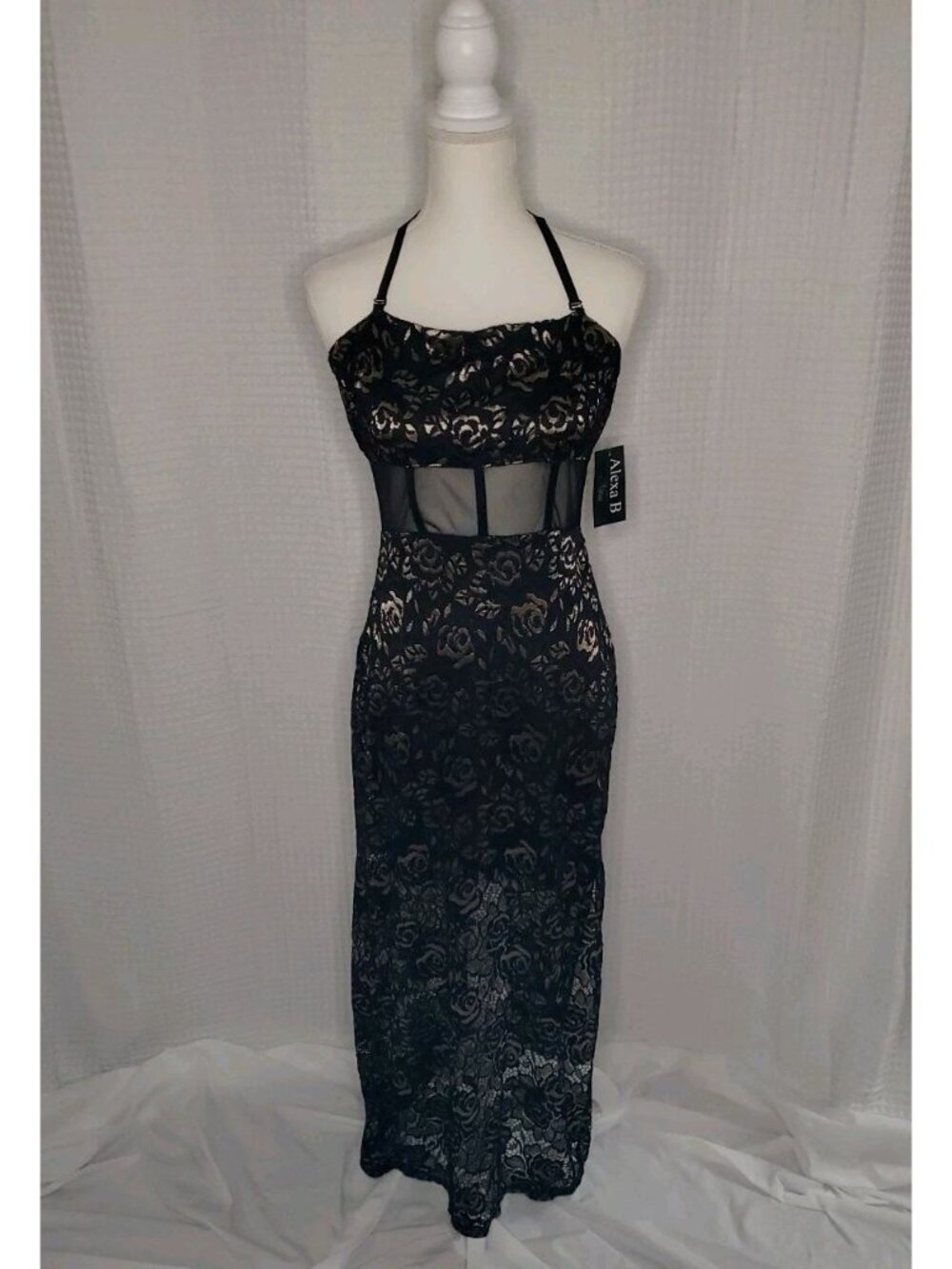 Alexa B Nites Dress NWT Sz 8 Black Gold Lace Maxi Evening Dress Mesh Corset Top